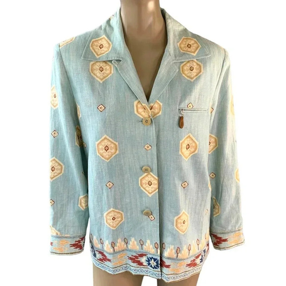 Doncaster 100% Linen Button Down Sports Blazer Jacket Women Size 10 Green Aztec - Picture 1 of 16